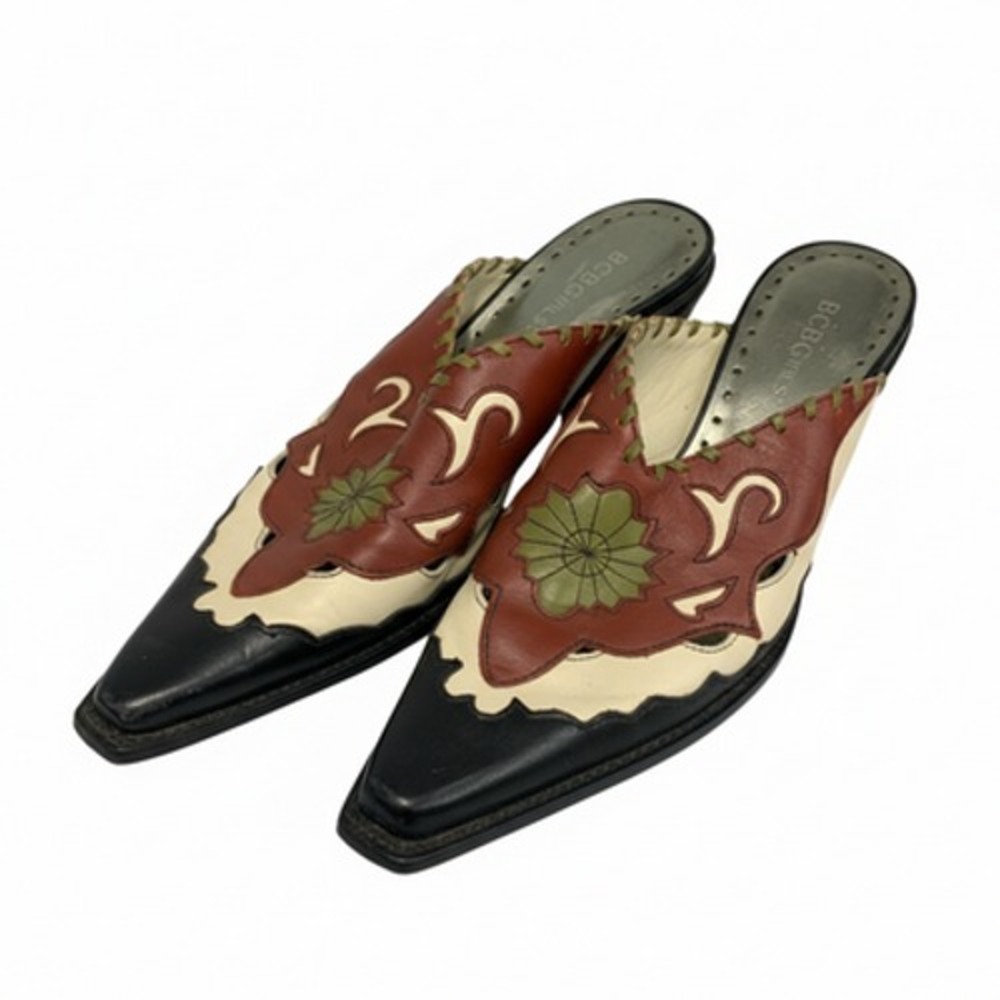 BCBGirls Mules Leather Slip-On Women Size 32 EUR Red Cream Black Floral Design